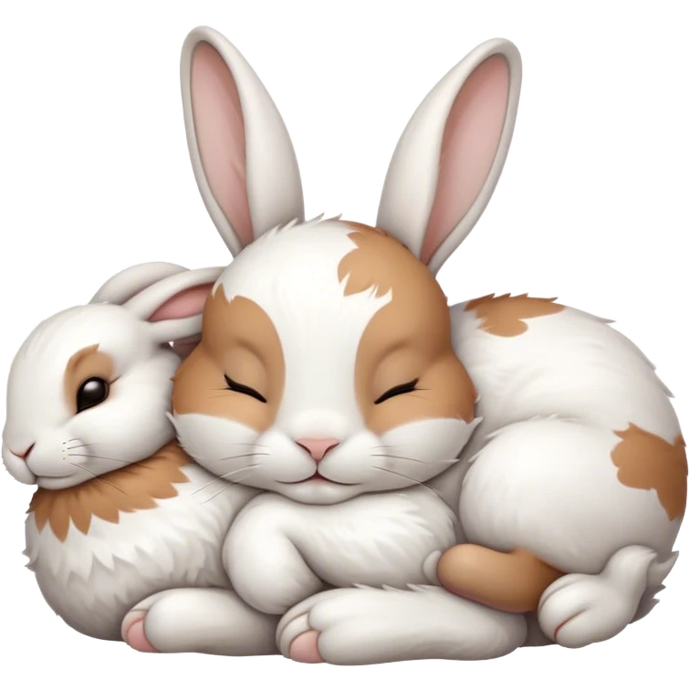 Meme-Worthy Cute Sleeping White and Brown Rabbit Portrait Emoji, Head resting peacefully with a contented smile, showcasing a delightfully balanced build and a luxuriously soft patterned fur of white and brown, eyes shut in a serene nap, Simplified yet hilariously adorable features, highly detailed, glowing with a soft, drowsy light, high shine, relaxed and utterly lovable, stylized with an air of playful laziness, bright and heartwarming, soft glowing outline, capturing the essence of a comically sleepy bunny, so meme-worthy it feels like it could instantly become the next viral sensation of adorable slumber! emoji