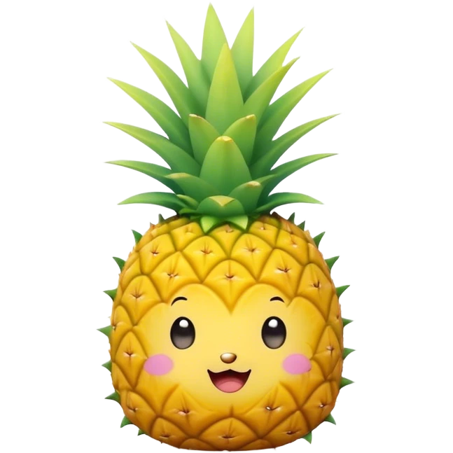 Cute Kawaii Pineapple, tiny and round, bright golden yellow with a spiky green top, chubby cheeks, playful winking expression, soft pastel textures, sweet and tropical vibes! emoji
