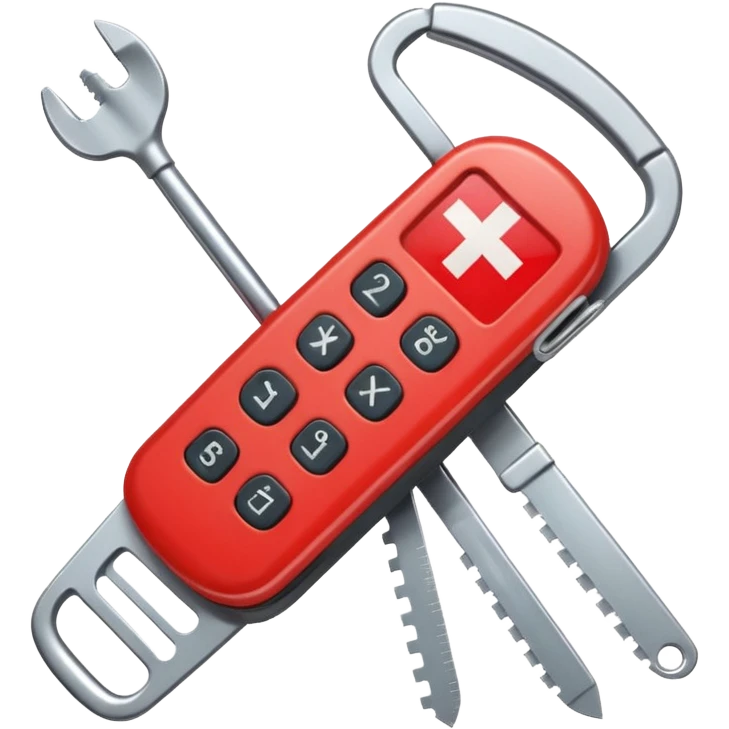 swiss army knife emoji where each tool has an icon: calculator for bookkeeping, credit card for payments, headset for customer service, sales graph for sales, theme of outgoing calls to customers for e-conomic, friendly and professional style emoji