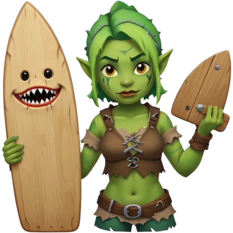 orc female holds a board with a shark painted vertically in his hands emoji