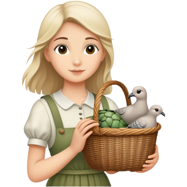 girl carrying wicker basket with two live turtledoves emoji
