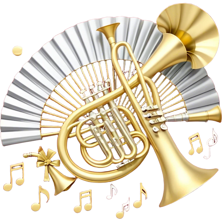 Create a festive and elegant emoji collage featuring a bouquet or fan of bells of wind instrument  (trumpets, saxophones, trombones, tubes, etc.) arranged in a radiant, symmetrical pattern. The instruments should have polished, golden and silver finishes, with their large, shiny bells forming a beautiful, fan-like display. Include a flowing ribbon of musical notes swirling through the center, conveying movement and melody. The background should feature a deep red velvet texture, adding a touch of luxury and sophistication. The overall composition should be balanced, with an elegant and regal feel, with a transparent background to keep focus on the instruments and musical elements. emoji