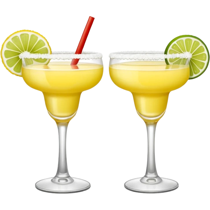 2 margarita cocktails. one is the classic margarita: yellowy with salt on the rim and a lemon. the other one is a spicy margarita: slightly more red color with a small red chili pepper instead of a lemon on the rim  emoji