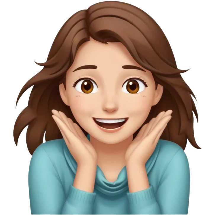 A pretty girl with brown hair and brown eyes putting her hands around her neck and laughing in distress  emoji