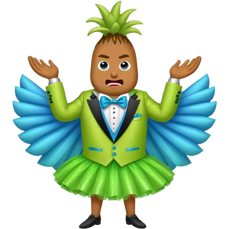 Angry blue banana fruit wearing a sparkly lime green tuxedo and tutu emoji