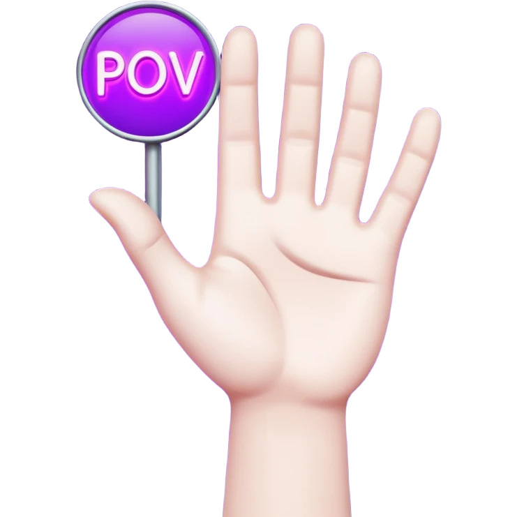 A 3D stylized cartoon hand holding a glowing neon purple sign that says "POV", high contrast, vibrant lighting, clean edges, white background. emoji