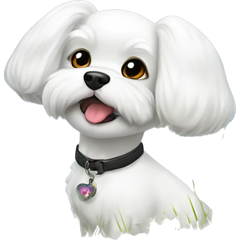 dog bichon maltese amongst grass, flowers with a water dragon lookig at him trying to smell butterflies emoji
