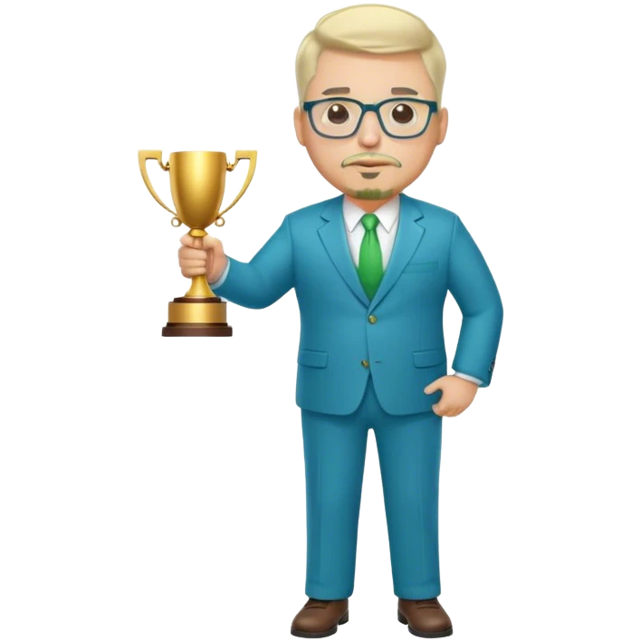 Full Body white fat male  wearing glasses with a goatee with light blonde gray very short hair basketball head Coach in blue and green suit holding trophy emoji