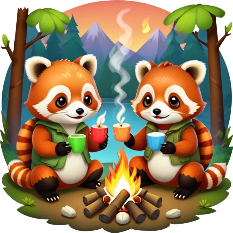 red panda and frog toasting marshmallows over a campfire emoji