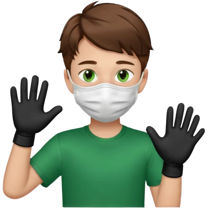 Chico de pelo marrón y ojos verdes, con un cubre boca, que tiene una camisa verde por encima de una remera blanca, y tiene un guante negro en una sola de las manos. Estilo animado emoji