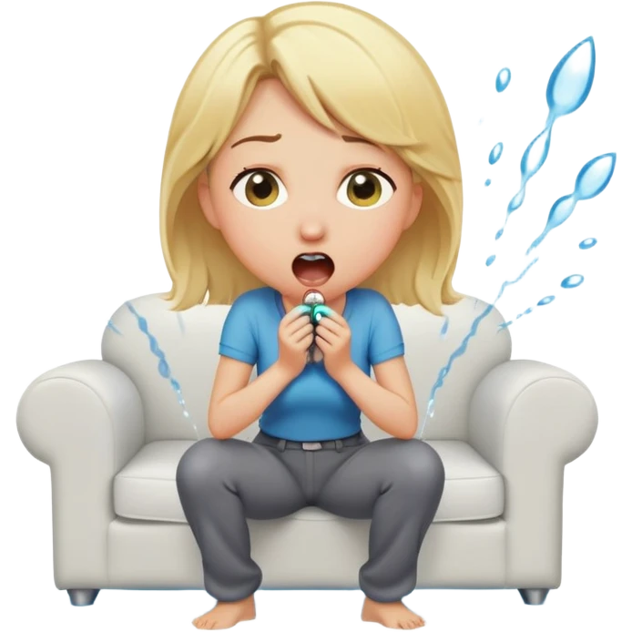 round-faced blond woman kneeling, shocked expression, playful cartoon stick with D-shaped knob and exaggerated features coming from trousers in front of her face, water jet into her mouth, white couch behind emoji