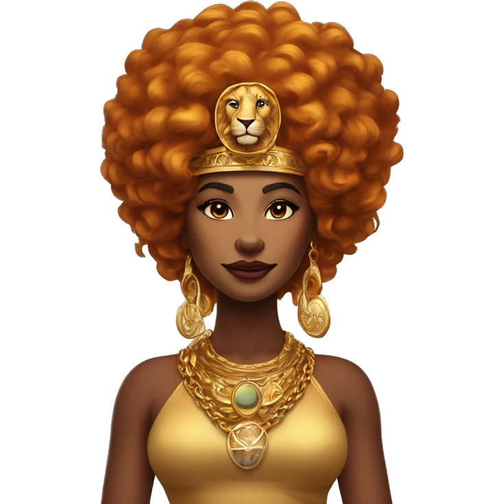 Create an emoji of a confident woman with voluminous lion-like hair, bold makeup, and gold jewelry, embodying the Leo zodiac sign with a regal expression and fiery energy. And a headgear of Leo sign emoji