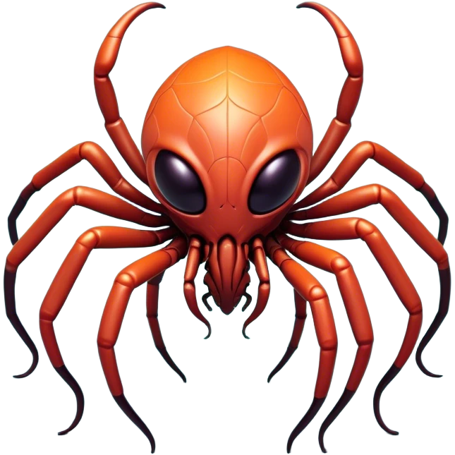 Clash of Clans aesthetic: Cinematic fierce arachnid Alien Emoji, rendered in a 3D vector-style similar to standard emojis with minimal shading and bold, simplified shapes. A compact, isometric, otherworldly creature with insectoid, organic details and subtle, eerie tentacles, softly glowing with a sinister alien charm. Simplified yet unmistakably iconic, highly detailed and consistent, glowing with a soft, spectral radiance and high shine. Stylized with a touch of bio-engineered mischief and a soft glowing outline, capturing the essence of a fearsome extraterrestrial menace with a playful twist! emoji