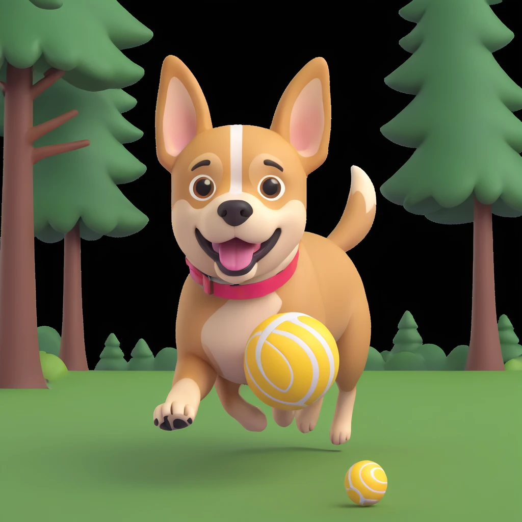 dog chasing ball in forrest, close up pose emoji
