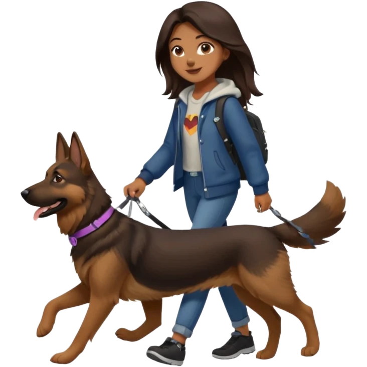 a girl with a brown dark long long hair, she's walking her dog is a german shepard. And girl's outfit is very aesthetic emoji