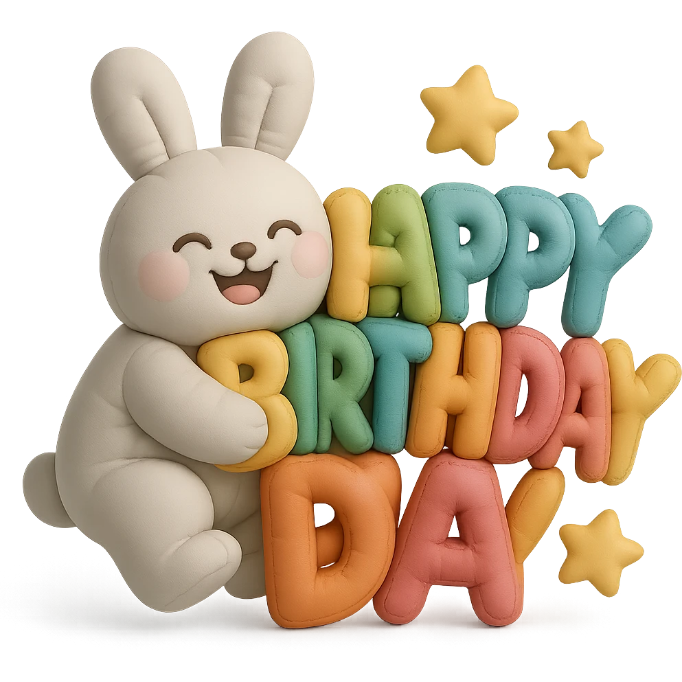 laughing bunny hugging "Happy Birthday" letters with stars, cushion style, soft, plush, rounded edges emoji