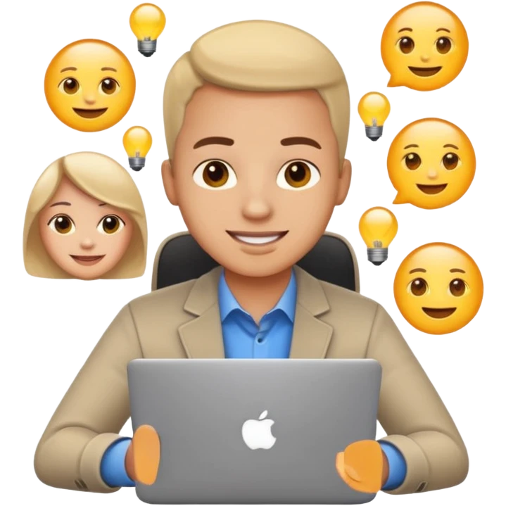 Focused online entrepreneur with laptop and phone, light glow, clean emoji style, simple background emoji
