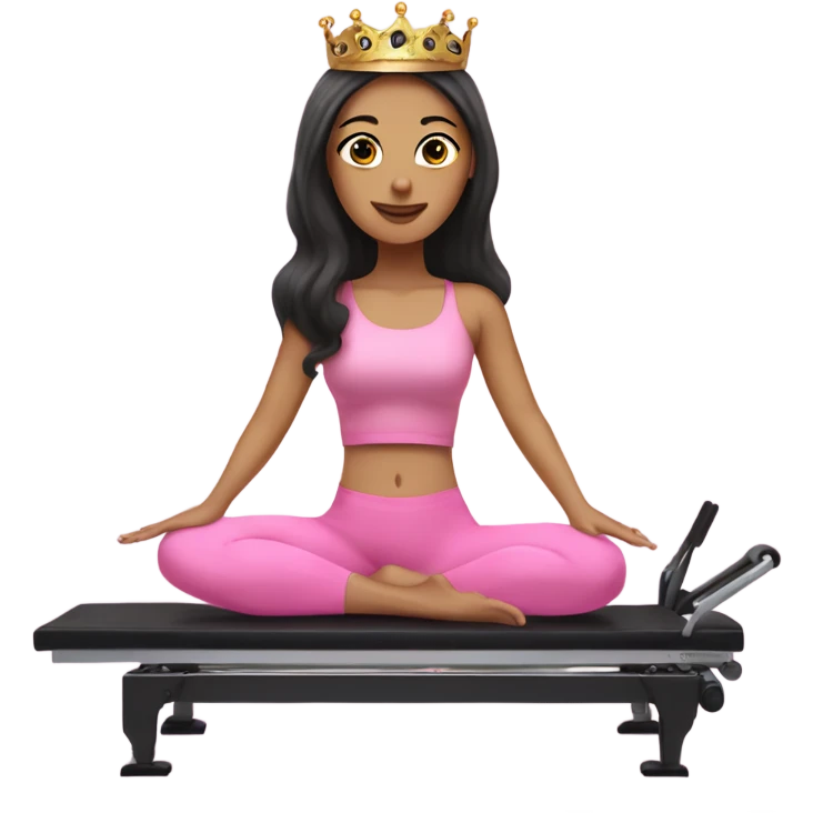 Pilates princess, white girl with dark hair doing Pilates reformer wearing a crown on her head and a pink outfit emoji