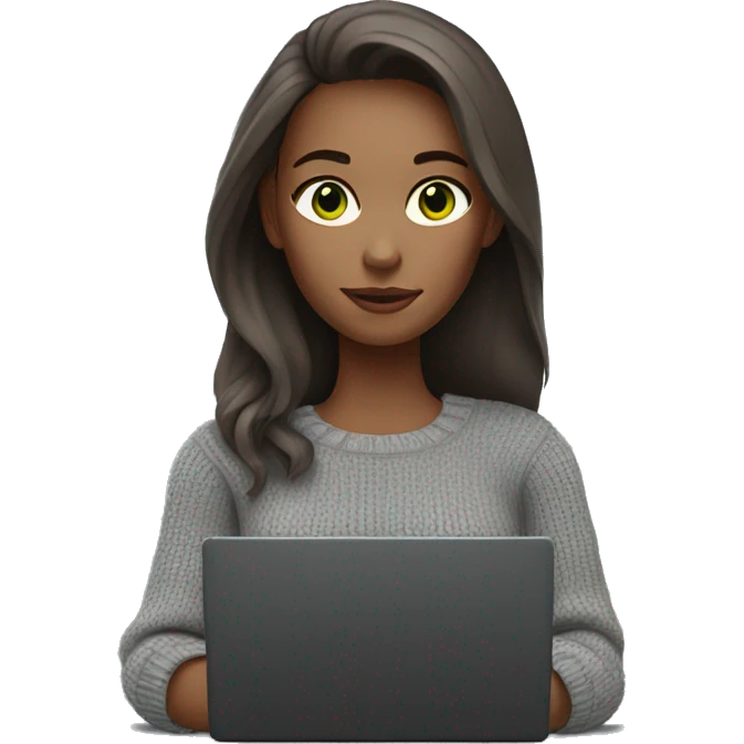white skin woman, long brown hair, green eyes, in a grey sweater , holding black laptop emoji