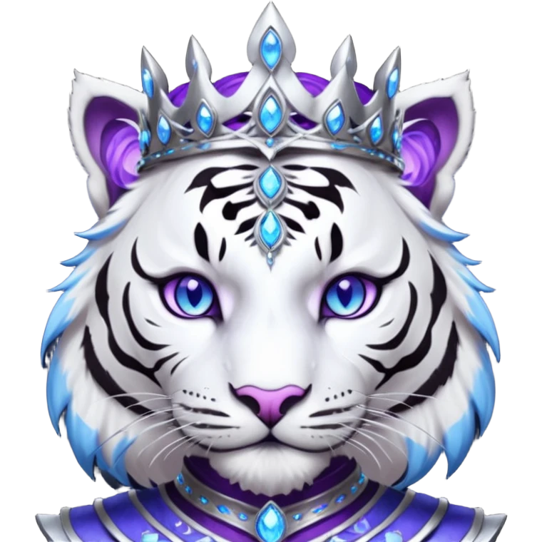ESO Female white/black tiger khajiit leader of the umbral rose, glowing blue eyes, glowing blue 'third eye' gem; purple gemmed silver crown/tiara emoji