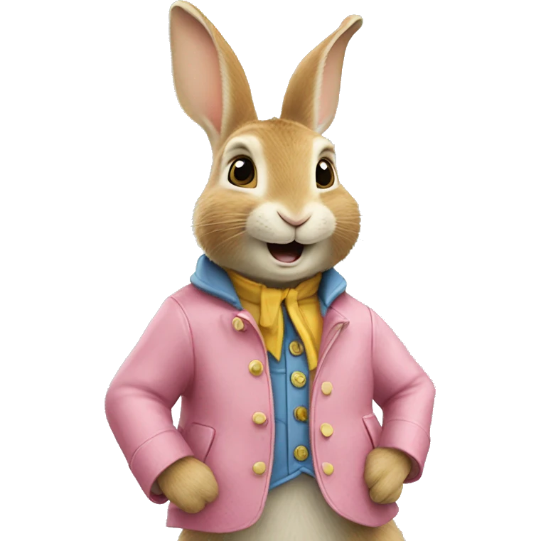 Peter rabbit: a yellow rabbit wearing a pink jacket. Eating a gorgonzola cheese emoji