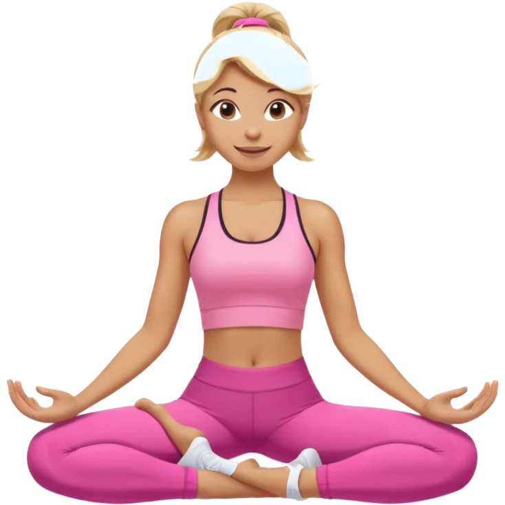 Mujer color de piel moreno claro con cabello rubio, usando un top rosa deportivo y leggins deportivo rosa en una pose de yoga, viendo hacia enfrente con ojos negros y sonriendo sin mostrar los dientes emoji