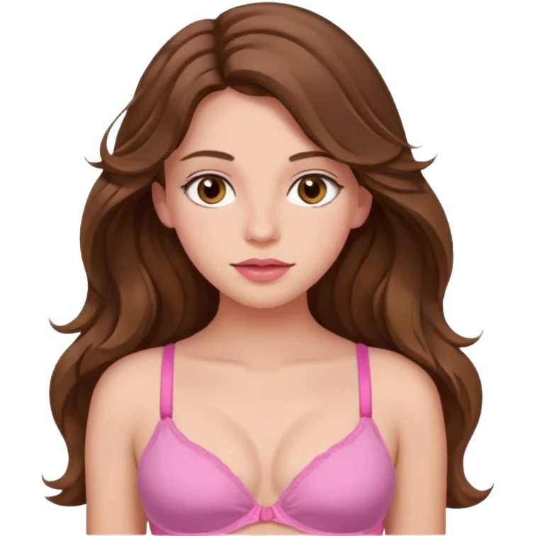 teenager, long brown hair wavy, hazel eyes, pink, beautiful, stunning, little clothing, bra, calm, big lips emoji
