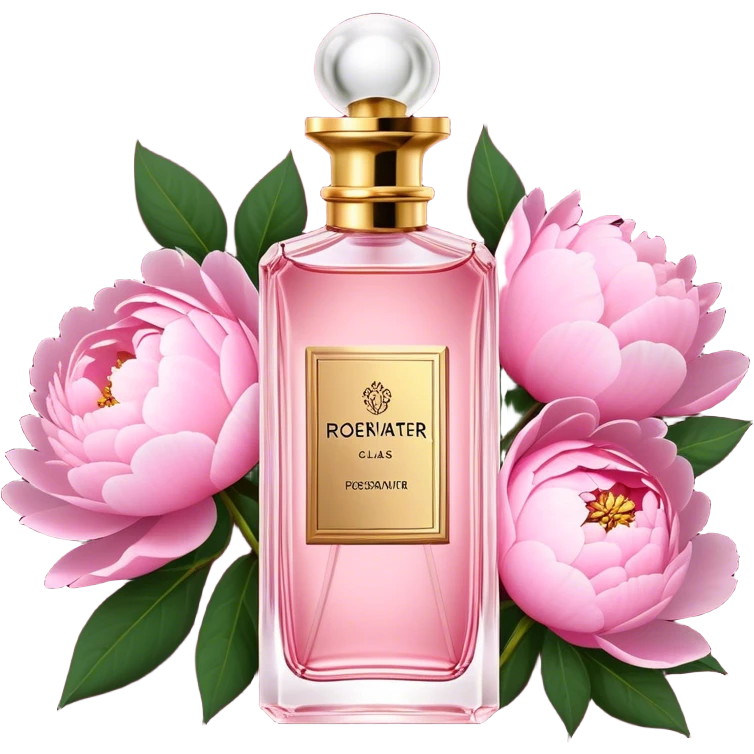 A delicate glass bottle of rosewater perfume with gold details beside lush pink peonies. Soft light enhances the romance, while a dark red velvet backdrop adds vintage glamour."
 emoji