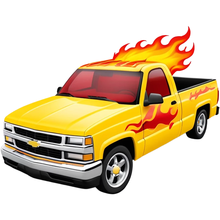 Bright yellow 1997 Chevy Silverado with custom airbrushed red flame paint job on hood extending to sides, exactly as in Kill Bill 'Pussy Wagon', 30-degree angle, iOS emoji style emoji