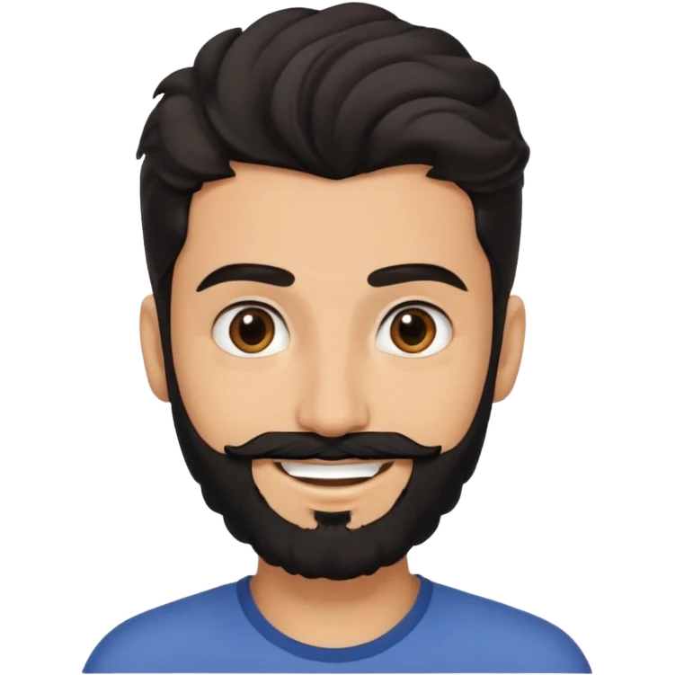 young fair skin pakistani guy smiling with black beard, wavy hair pushed back and brown eyes and thick eyebrows emoji
