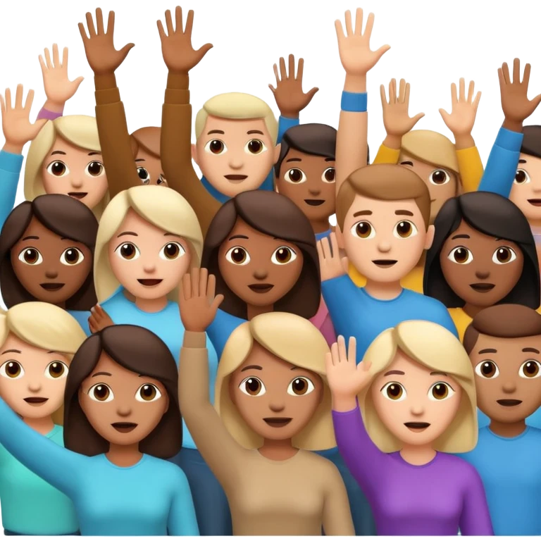 A 3D cartoon crowd raising hands in a concert-like protest, yellow backlight, energetic mood, Memoji-style. emoji