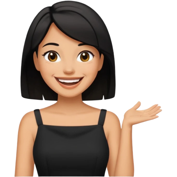black short shoulder length hair tanned woman, black dress doing girly things emoji