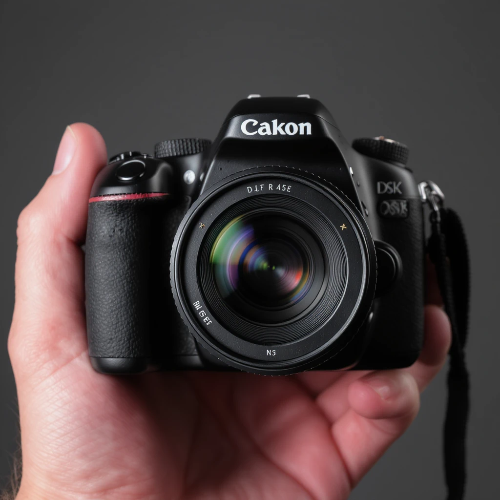 realistic of hand holding dslr camera, studio quality, close up emoji