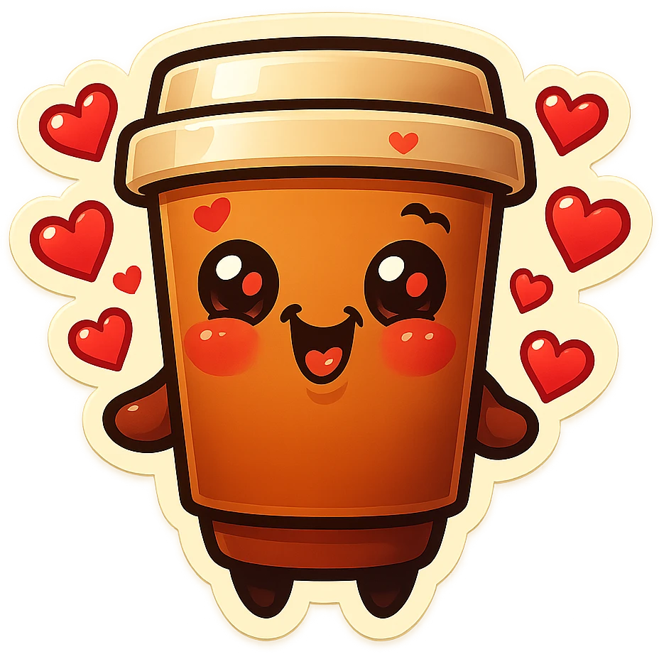 Tall coffee cup, cassanova flirty, gushing with love, dramatic emoji