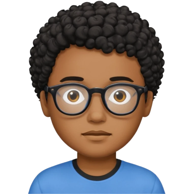Menino moreno com cabelo curto cacheado preto, de óculos preto e blusa azul emoji