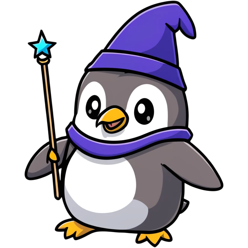 Penguin wizard with magical wand and wizard hat, cartoon sticker emoji