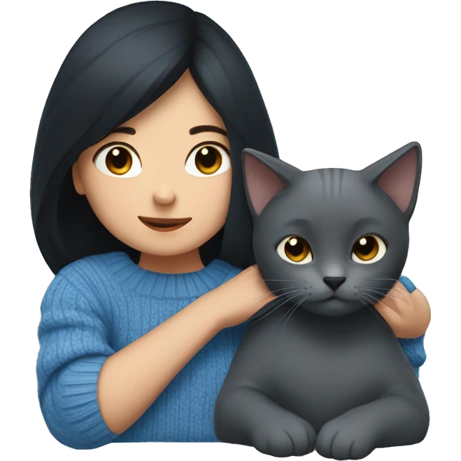 A girl with black hair wearing a blue sweater hugs a gray cat emoji