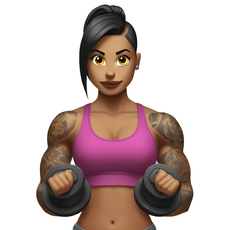 Tattooed girl big muscles lifting dumbbells emoji