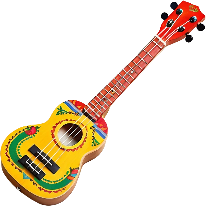 Create a vibrant and artistic emoji representing a ukulele with a Mexican design. The ukulele should feature a bright, colorful body with traditional Mexican patterns, such as geometric shapes, floral motifs, or colorful stripes. Use rich, warm tones like red, yellow, green, and blue to give the instrument a lively, festive look. Highlight the wood grain of the ukulele’s neck and fingerboard, and add subtle details like decorative inlays or a small Mexican flag symbol on the body. The strings should be clearly visible, and the instrument should be in a slightly angled position to showcase its unique design. The background should be transparent. emoji