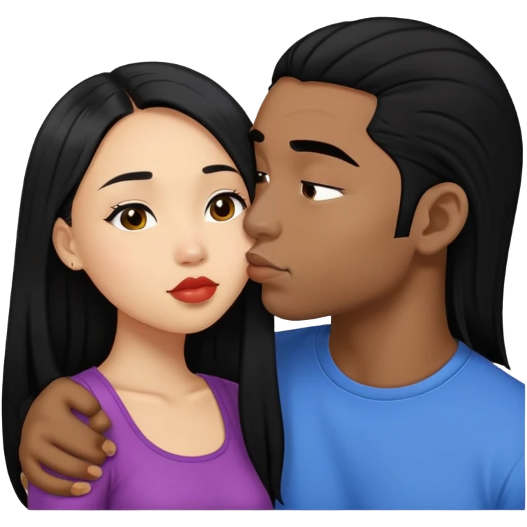 Light skin black man with buzzed black hair kissing asian girl with long black hair emoji