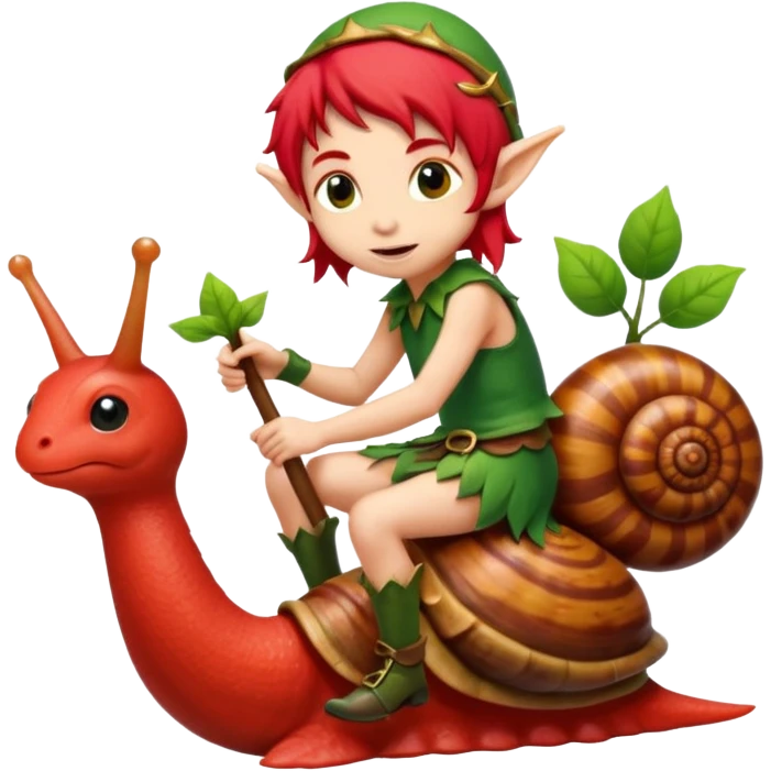 tiny forest elf with red hair riding snail emoji