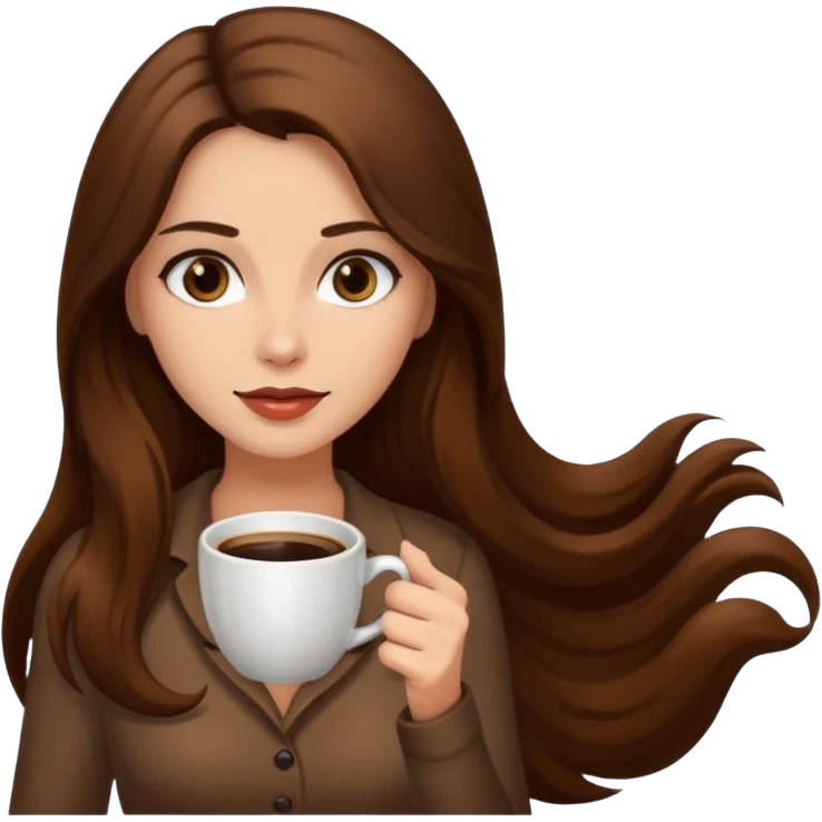 Brown long haired sexy woman with dark brown eyes with cup of coffee emoji