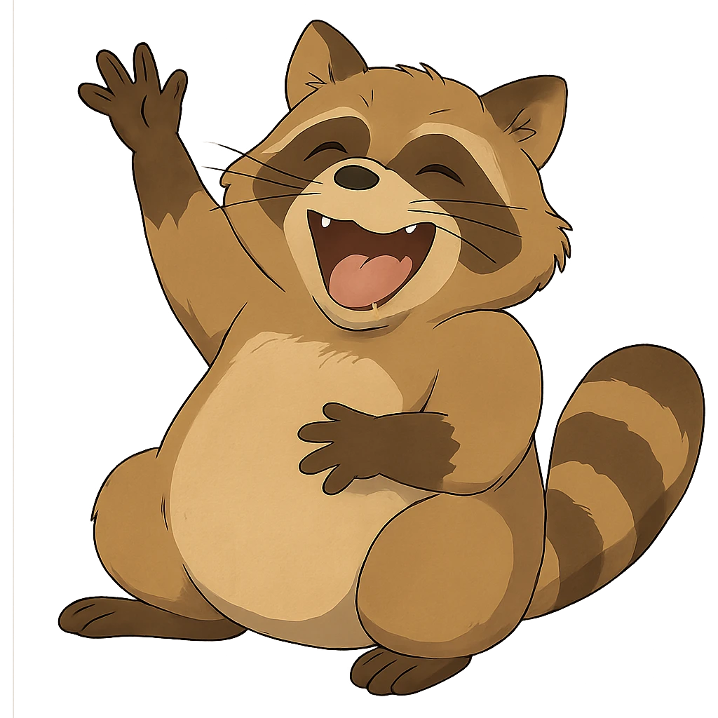 ghibli style raccoon laughing hard and waving emoji