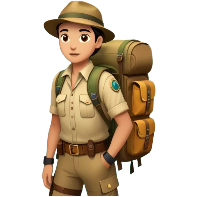 Icon for Adventure Movie: A vintage poster-style design featuring a daring explorer with a map, compass, and backpack. Include dramatic landscapes like jungles, mountains, and rivers, with a dynamic action scene. Bold, adventurous colors and a retro cinematic feel. Transparent background. emoji