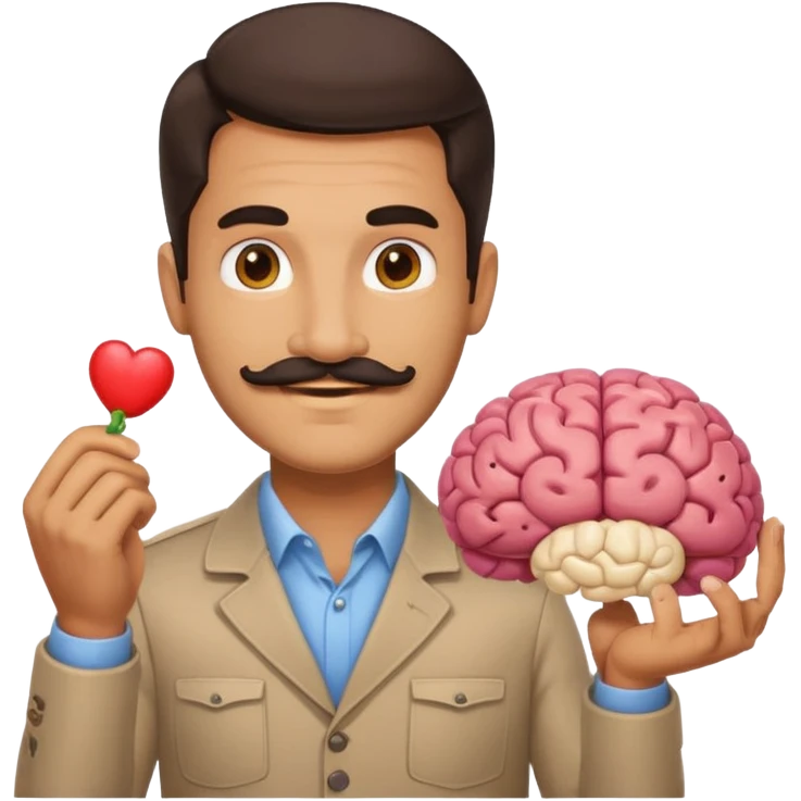 attractive man with dark hair and mustache holding a brain as an emoji emoji