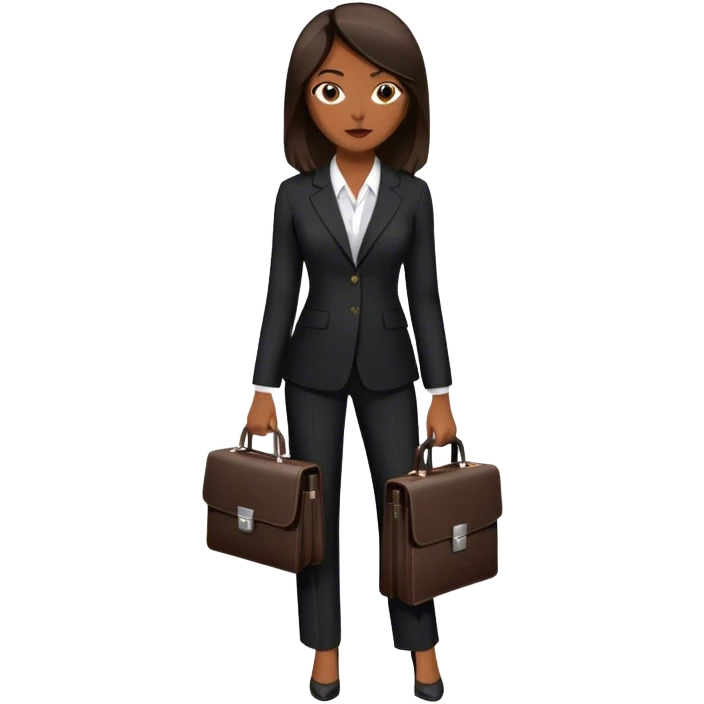 dark brown woman with dark brown mid-length straight hair in a black pant suit executive with briefcase emoji