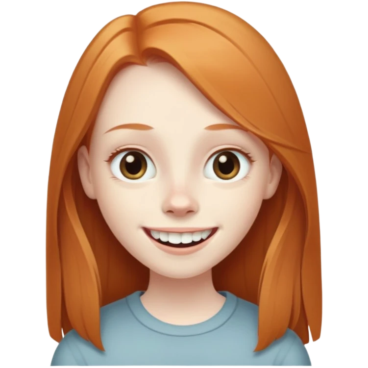 traditional emoji of young girl with very pale skin, long straight muted ginger hair (less vibrant), elongated oval face, bigger human-like eyes positioned close together, wide nose, friendly big smile with very large prominent teeth, less intense expression emoji