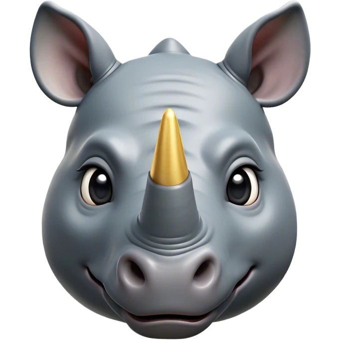 Cinematic Cute Rhinoceros Portrait Emoji, Head tilted playfully and inquisitively, featuring a rugged, glossy slate-gray hide with a gentle, rounded white horn and round, sparkling eyes filled with curious wonder, Simplified yet irresistibly adorable features, highly detailed, glowing with a warm, friendly glow, high shine, affectionate and mighty, stylized with a touch of ancient charm, bright and endearing, soft glowing outline, capturing the essence of a mischievous yet loving rhinoceros, so playful it feels like it could stomp out of the screen and into your arms! emoji
