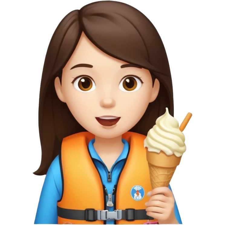 girl brunet kid wearing lifejacket, eating ice cream emoji