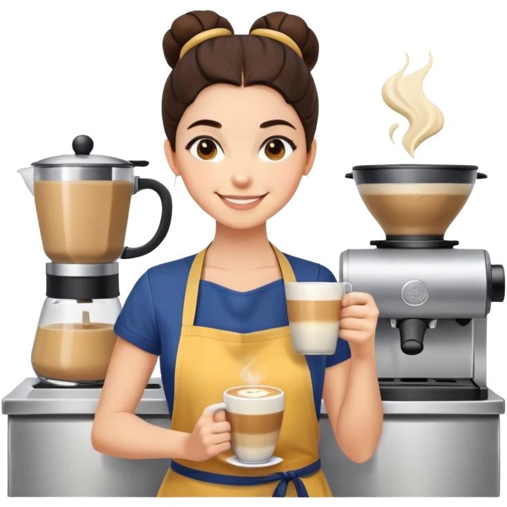 Cute brunette barista girl with hair in a bun wearing yellow shirt and dark blue apron, she's relaxed and making latte art, smiling at the coffee cup emoji
